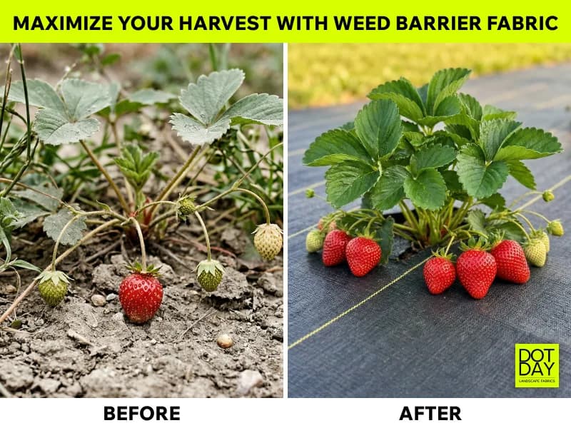 Before and after planting beds with a DOTDAY weed barrier, helping attract pollinators without weeds
