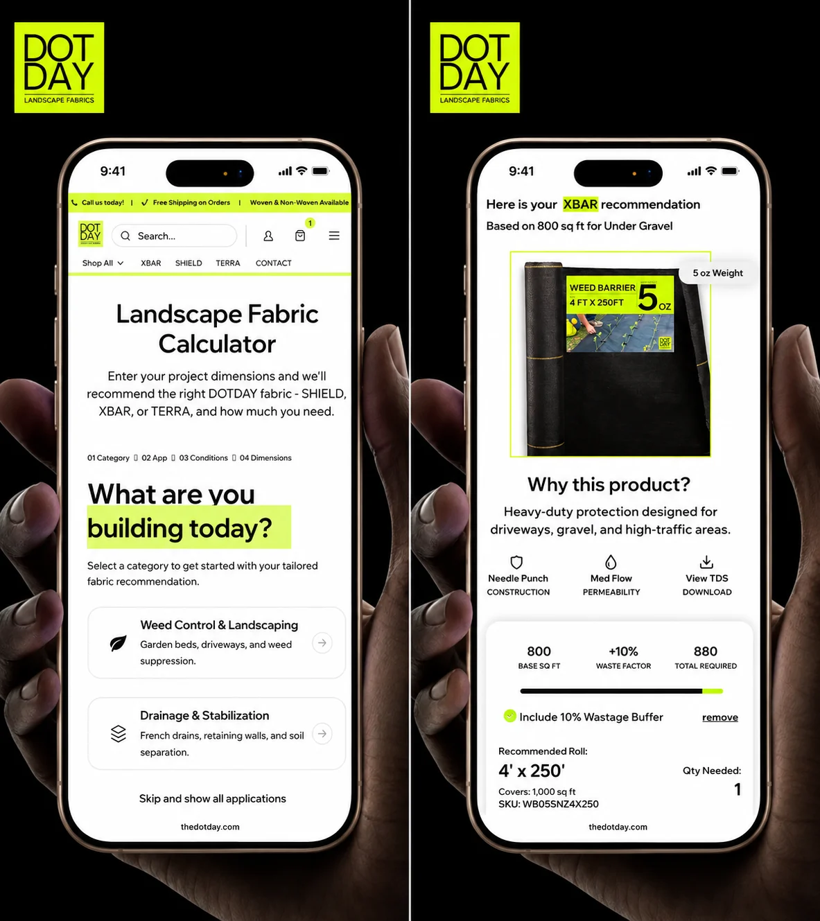 DOTDAY calculator result screen showing the recommended fabric, roll size, and quantity