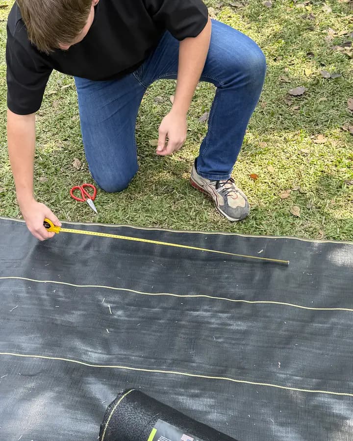 Measuring weed barrier fabric with a tape measure before cutting it to size