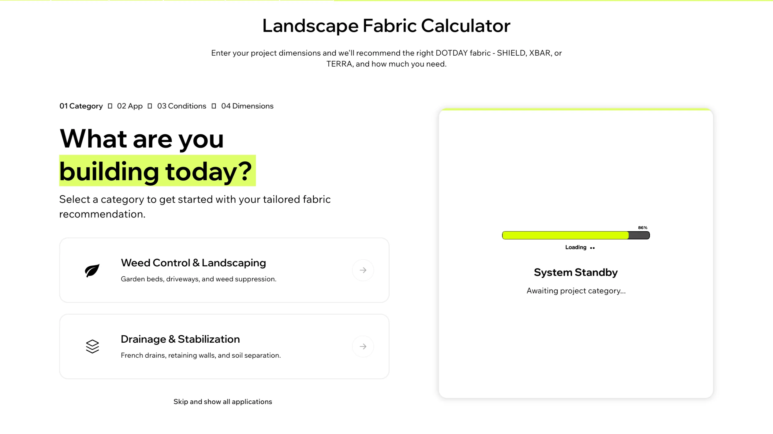 DOTDAY landscape fabric calculator on a phone, starting with the project category step