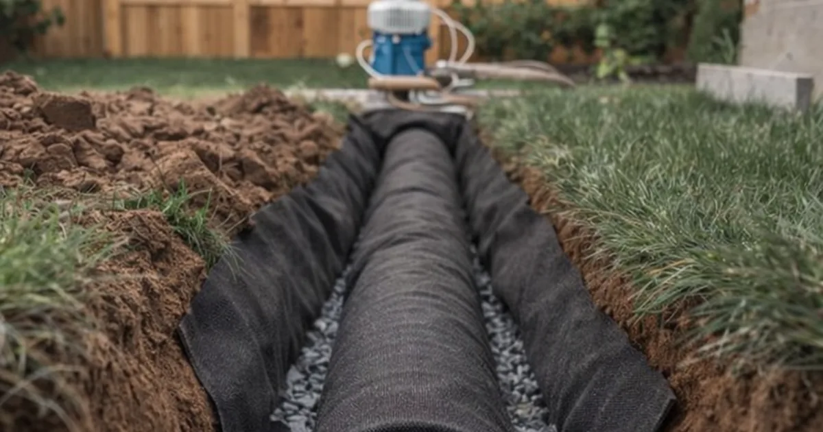 DOTDAY TERRA non-woven geotextile lining a drainage trench around gravel and pipe, the same layer used behind a wall