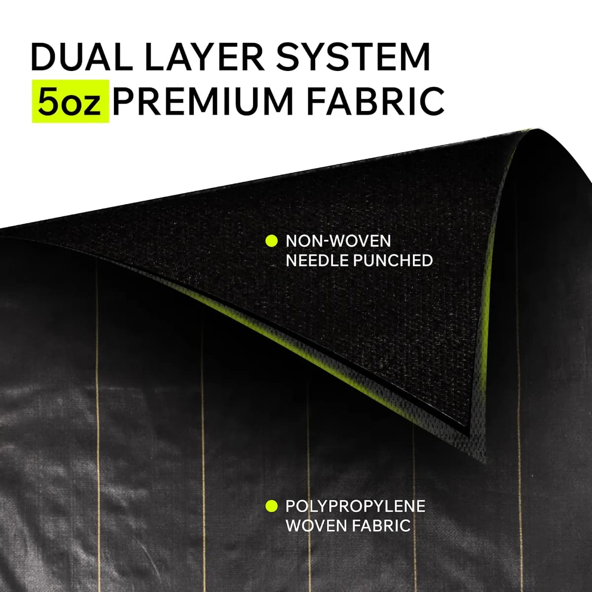 Diagram of what landscape fabric lasts the longest: DOTDAY XBAR 5oz dual-layer cross-section
