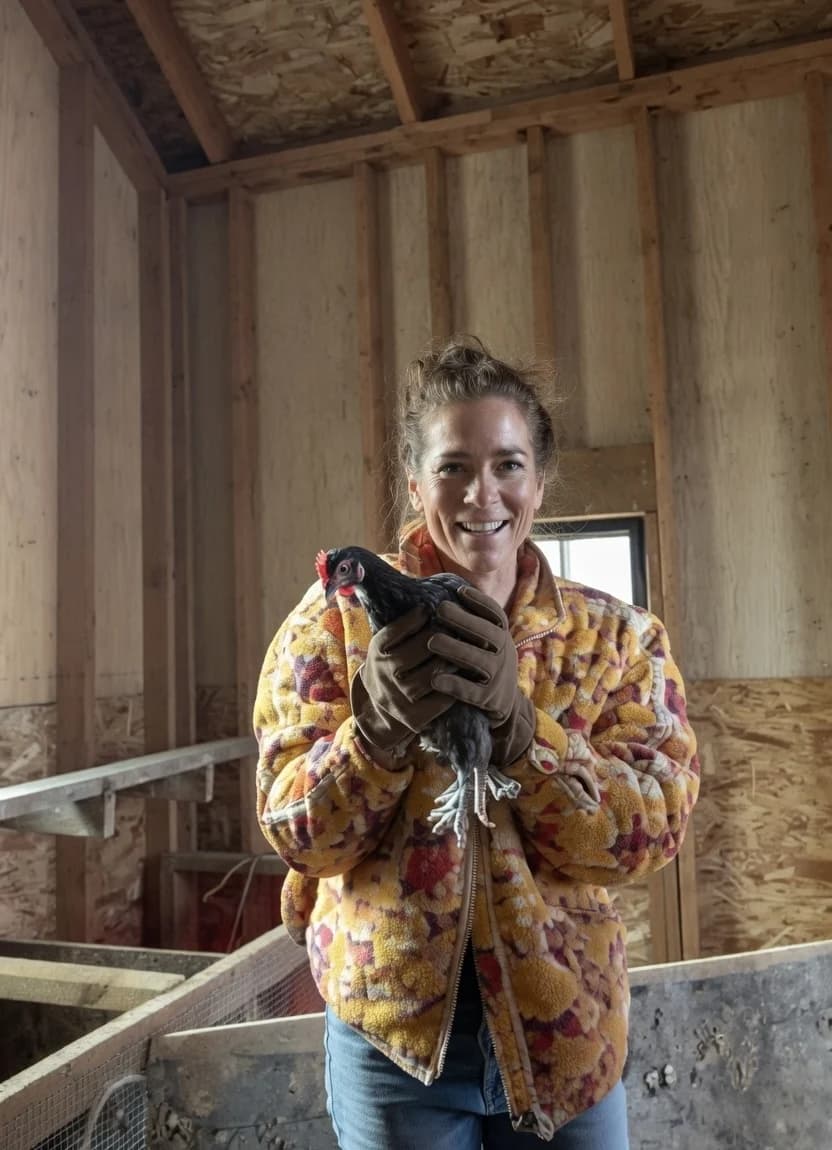 Bri holding a hen inside the coop