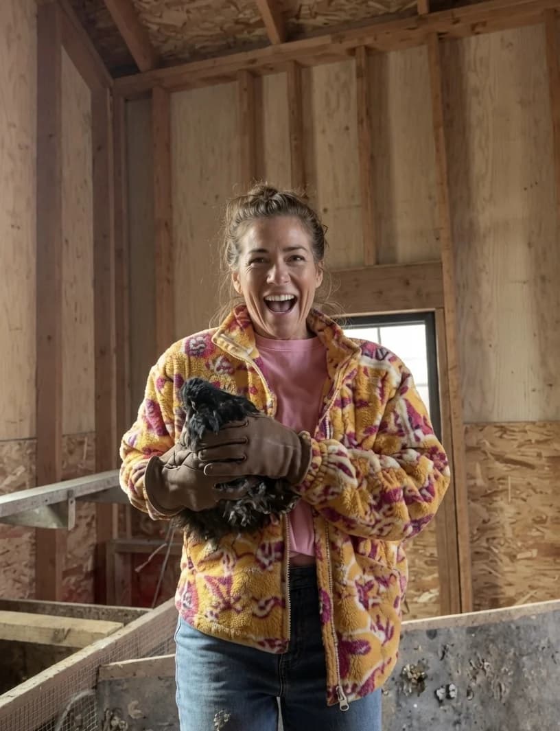 Bri Johnson laughing while holding one of her hens