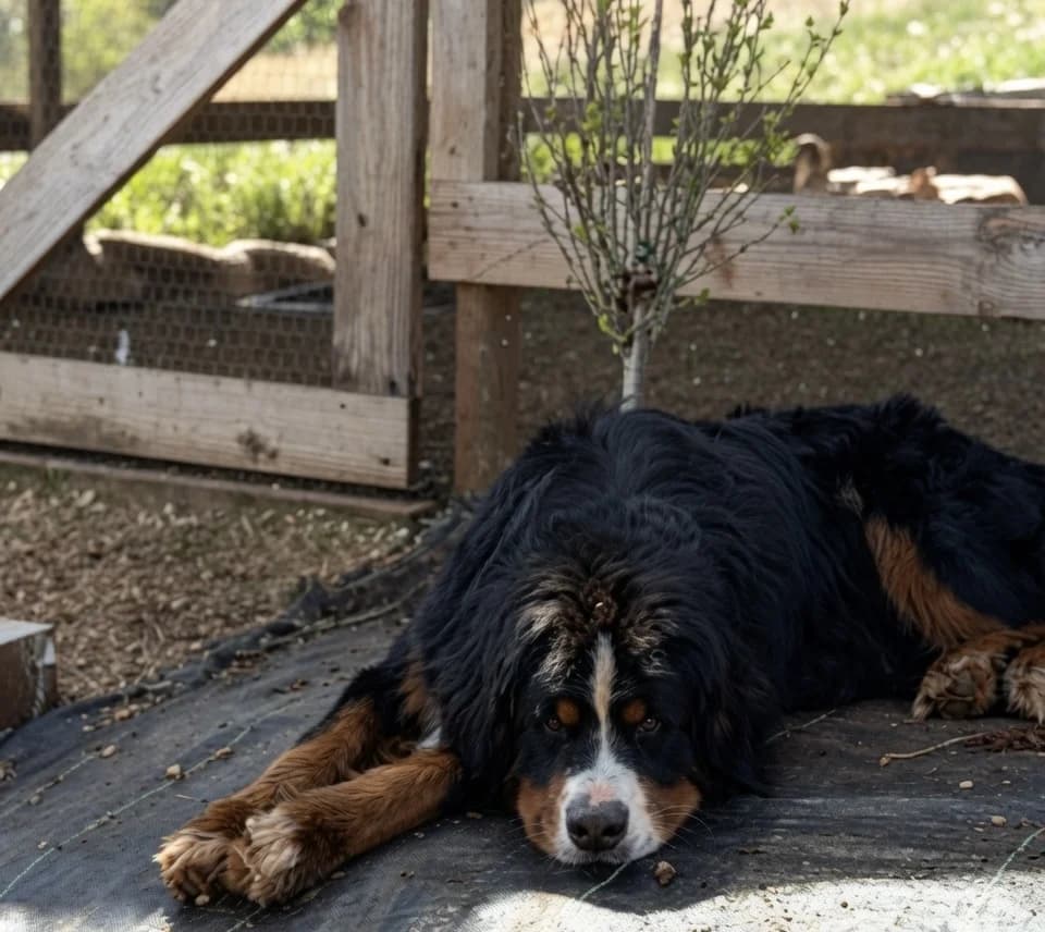 A Bernese mountain dog asleep on the landscape fabric