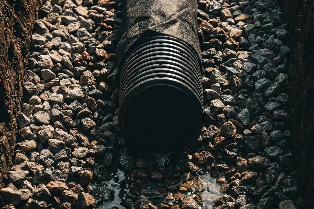 Water flowing through permeable non-woven TERRA geotextile into a French drain