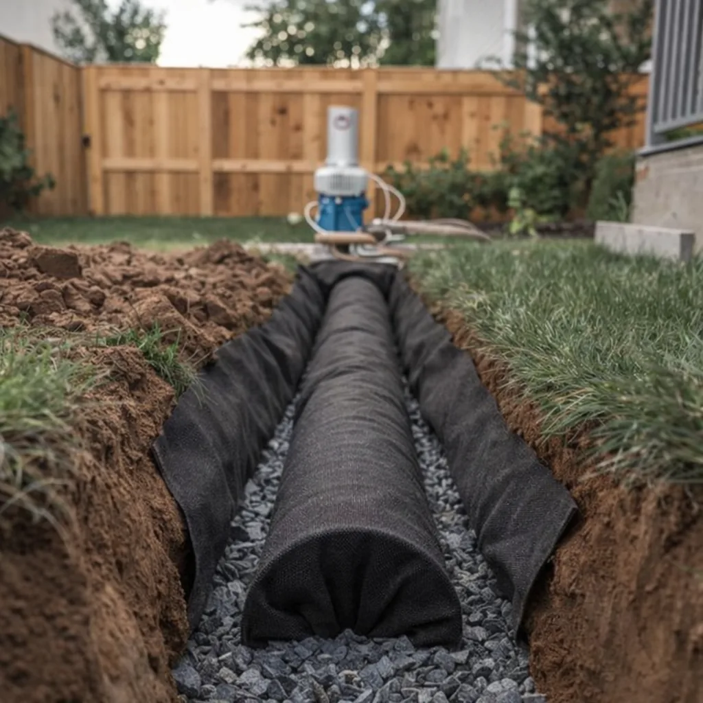 French drain fabric: DOTDAY TERRA non-woven needle-punched geotextile lining a gravel French drain trench