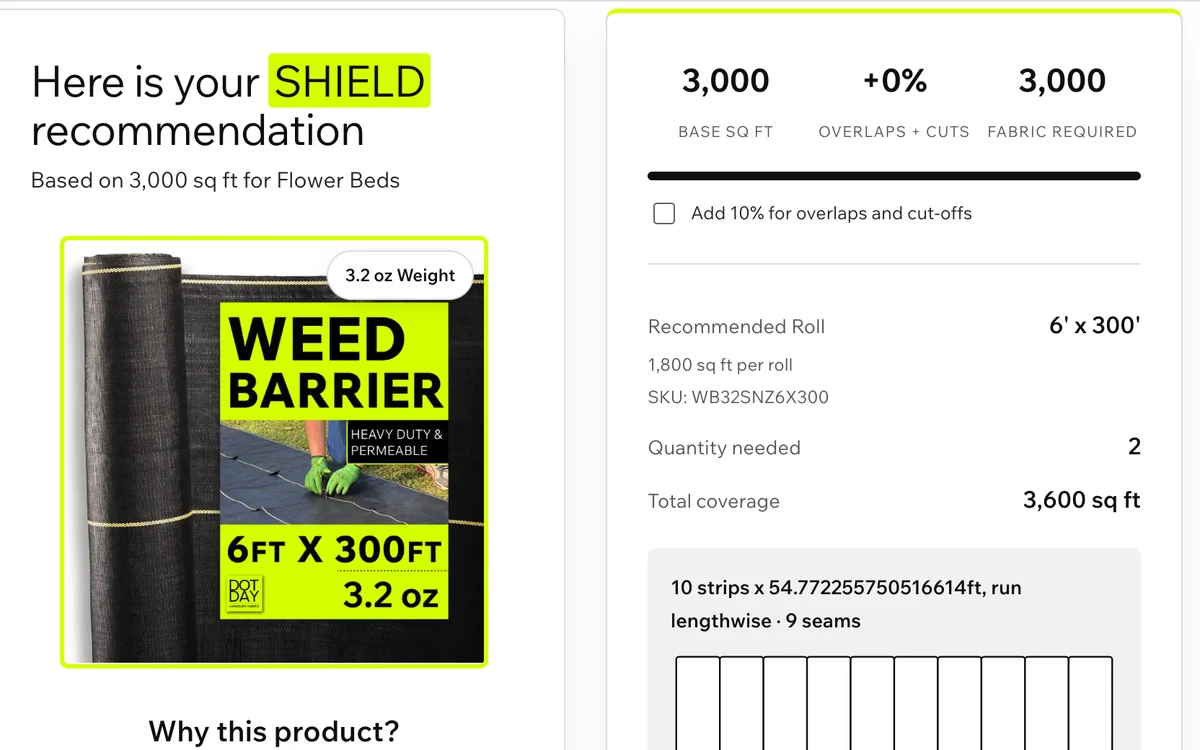 Fabric Calculator result: SHIELD recommendation with roll size, quantity, coverage and strip layout