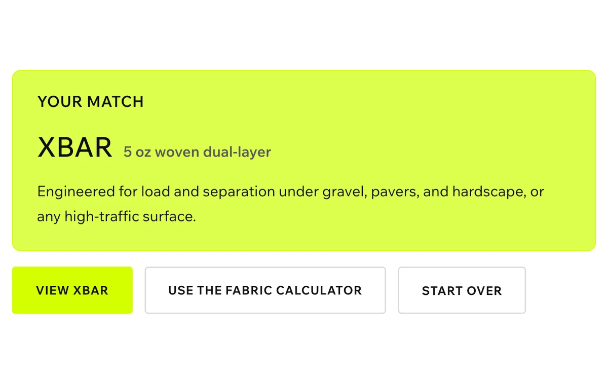 FabricFinder result card showing XBAR as your match with View XBAR and calculator buttons