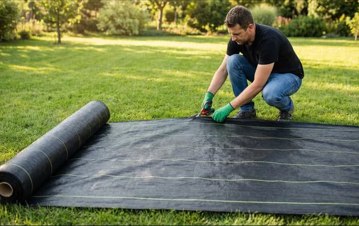 Installer cutting DOTDAY XBAR dual-layer woven landscape fabric to size with the roll and yellow guide lines visible