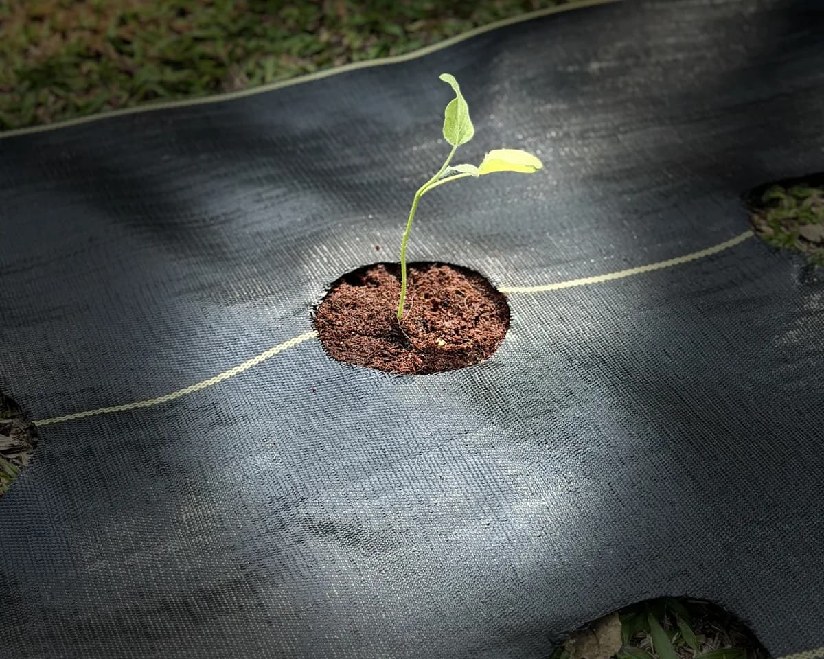 Landscape fabric for farms: DOTDAY SHIELD 3.2oz woven weed barrier laid on a market-garden row