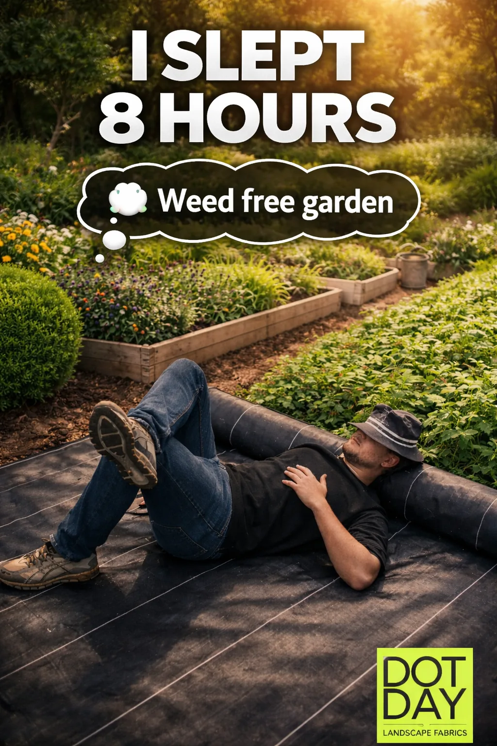 Holiday garden décor over a clean, weed-free garden bed with DOTDAY fabric