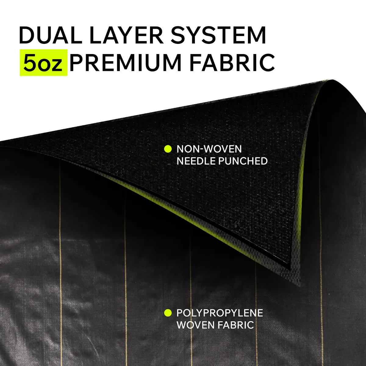 Diagram of what landscape fabric lasts the longest: DOTDAY XBAR 5oz dual-layer cross-section