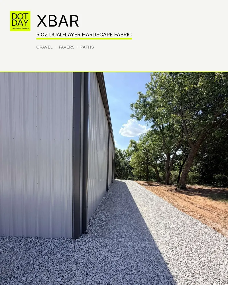 Finished crushed gravel path running along a metal shop wall, laid over DOTDAY XBAR