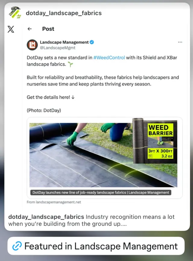 Landscape Management post on X about DOTDAY SHIELD and XBAR landscape fabrics
