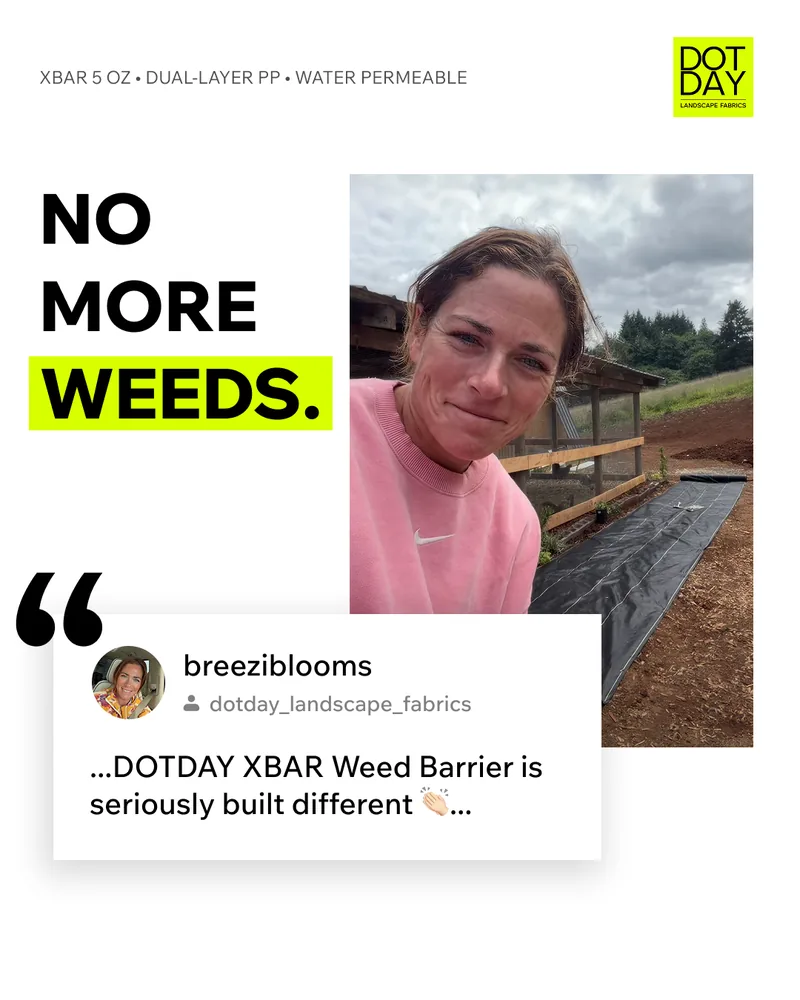 DOTDAY Instagram creative, no more weeds, XBAR install with a customer quote from breeziblooms