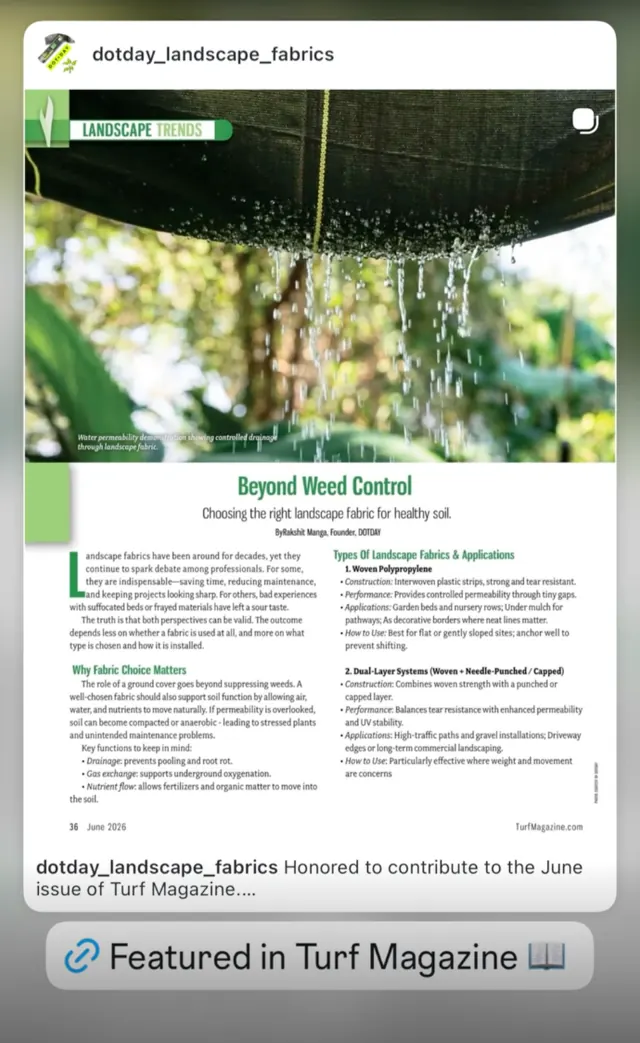 DOTDAY Instagram post showing the June 2026 Turf Magazine print feature Beyond Weed Control on page 36